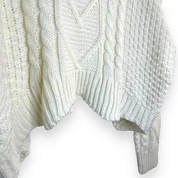 Ivory Chunky Cable Knit Cropped Zig Zag Hem Turtleneck Crochet Sweater Size M - Picture 10 of 15